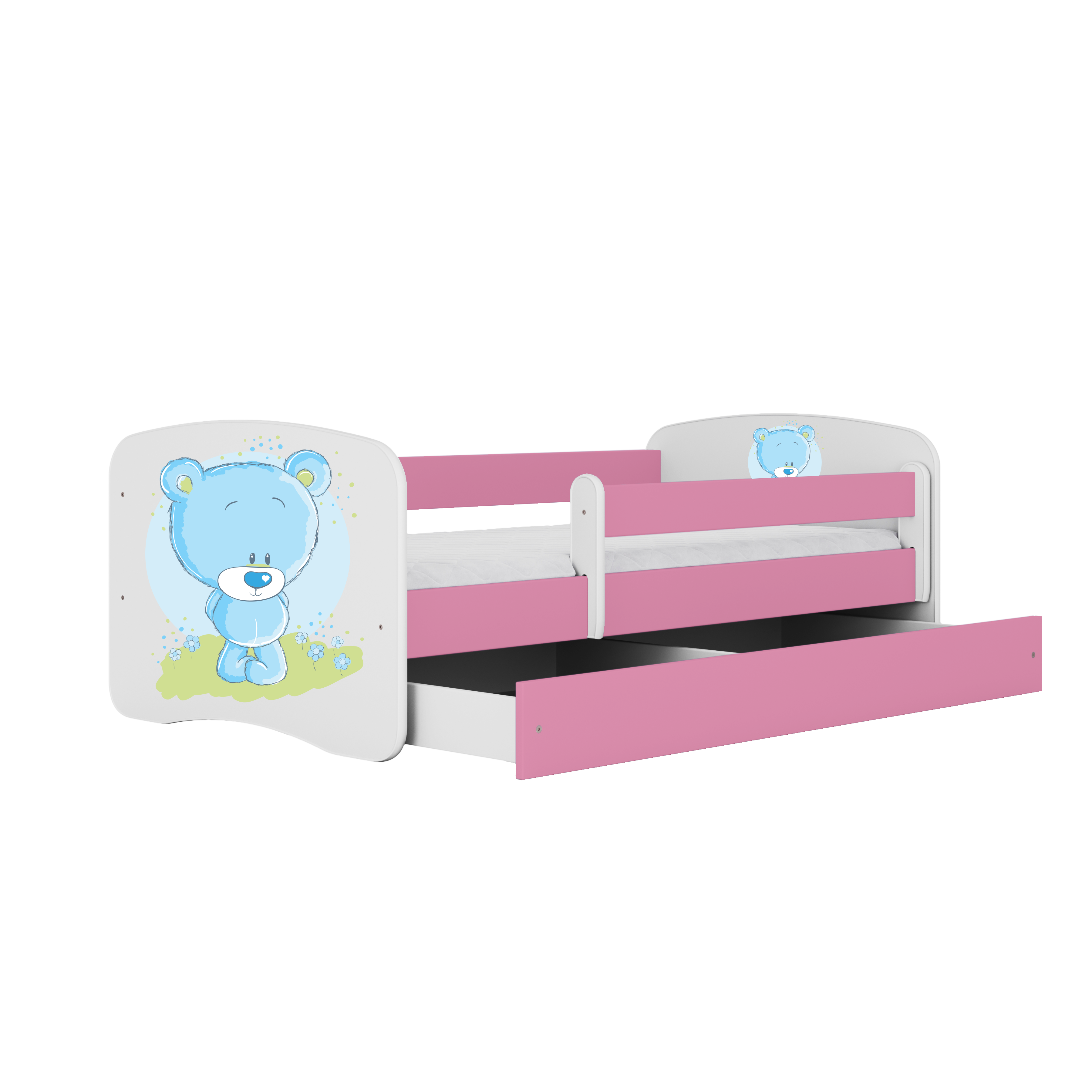 Lit enfant rose, motif ourson bleu et fleurs