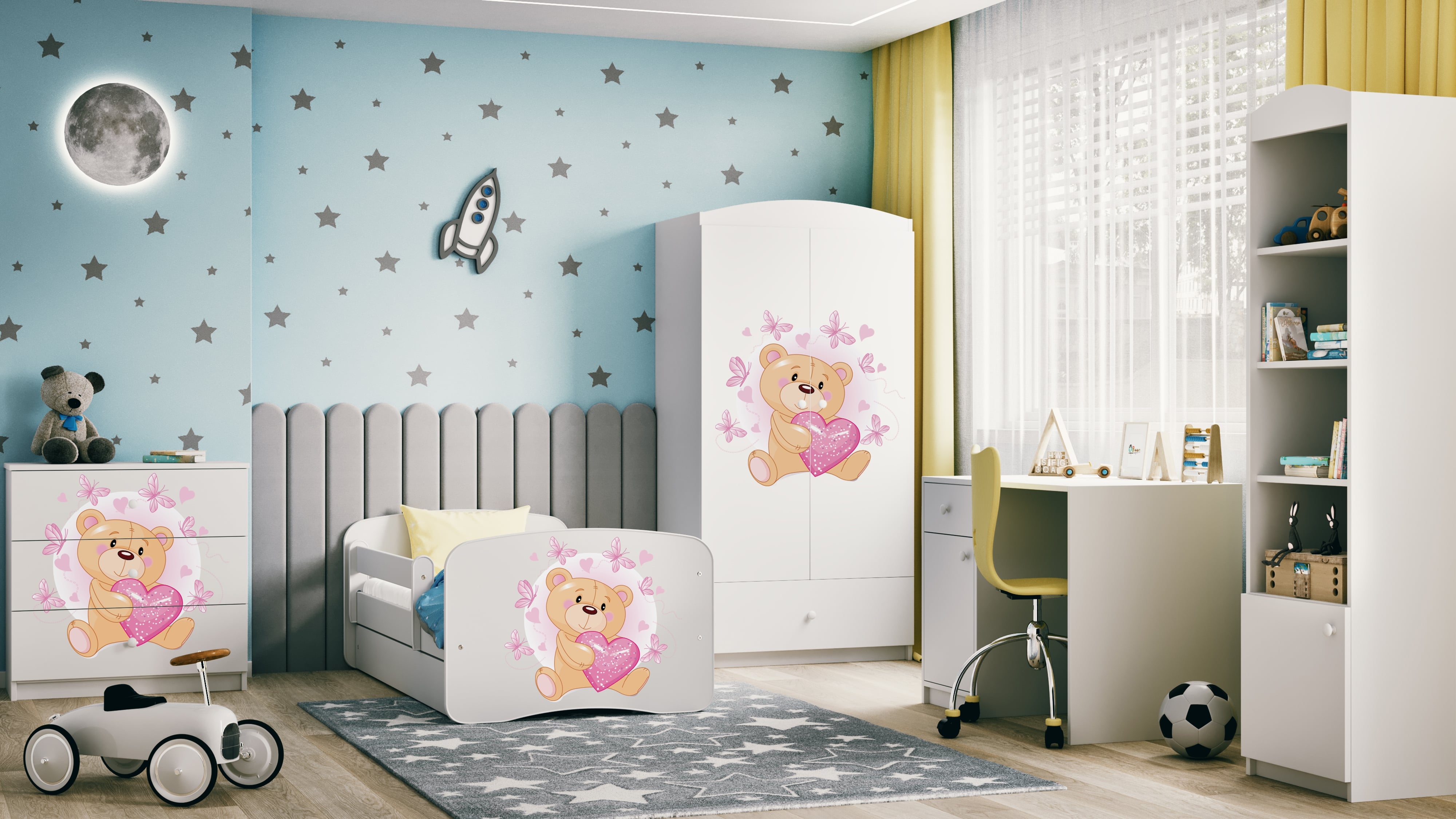 Lit enfant blanc, motif ourson et papillons