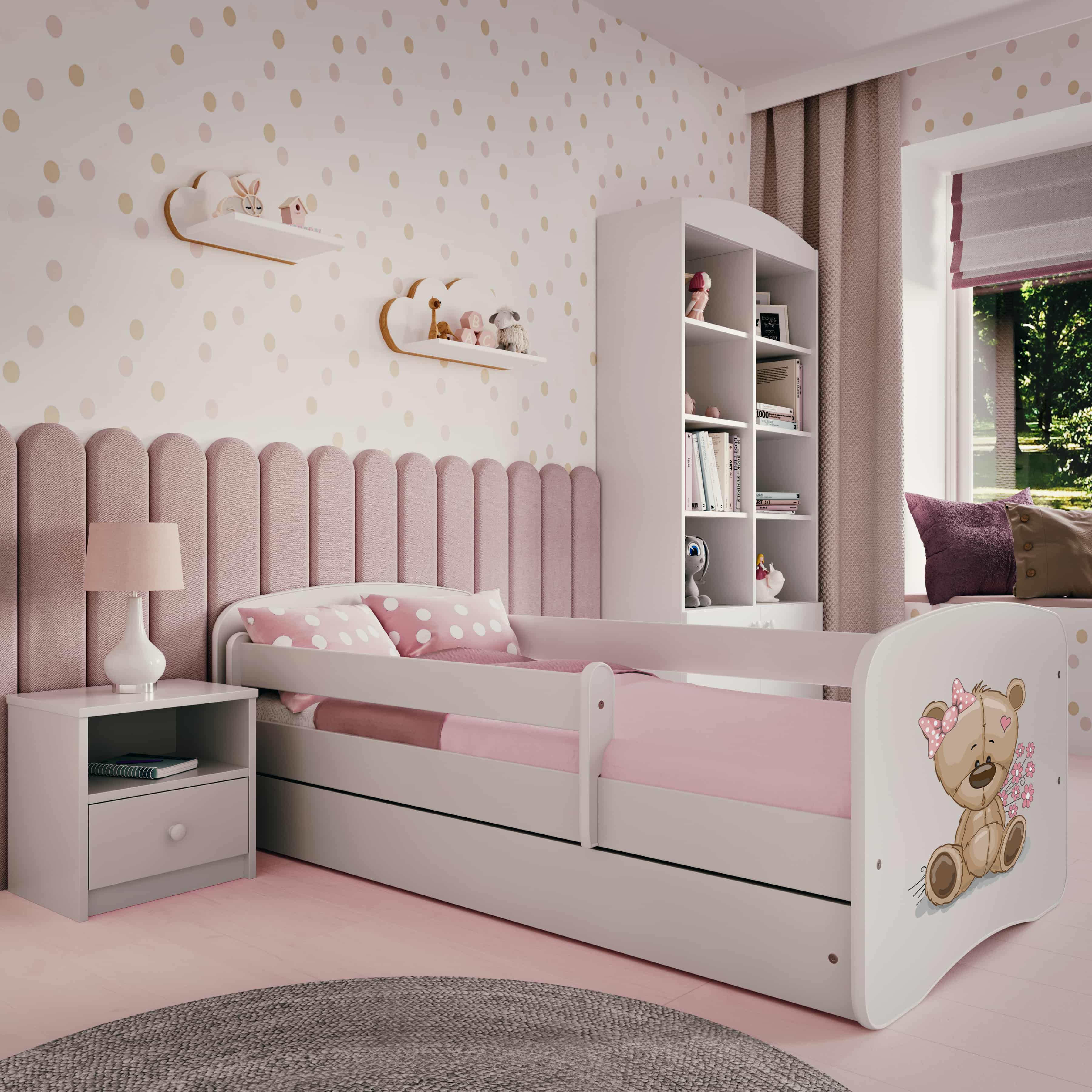 Lit enfant blanc, motif ourson et fleurs