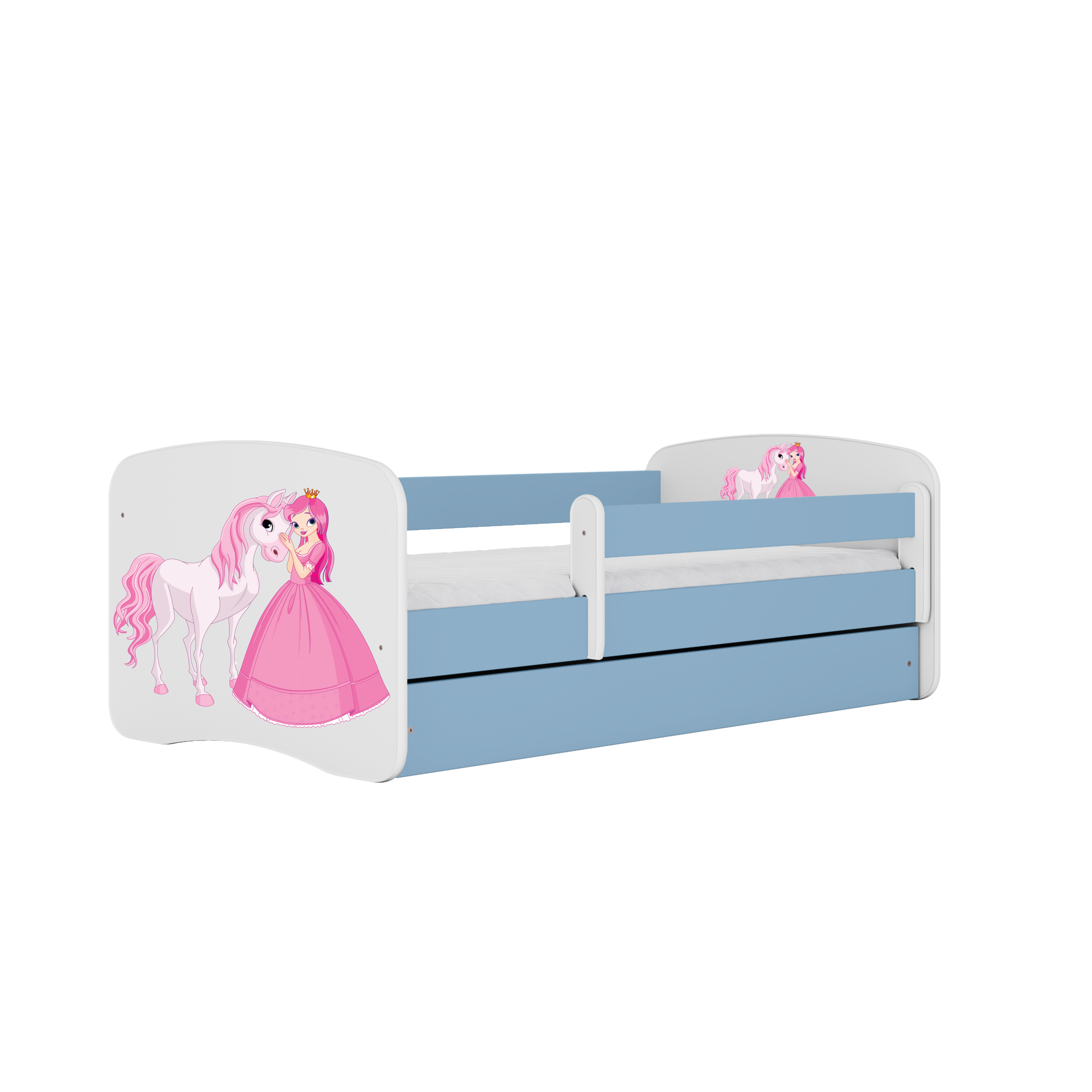 Lit enfant bleu, motif princesse et cheval