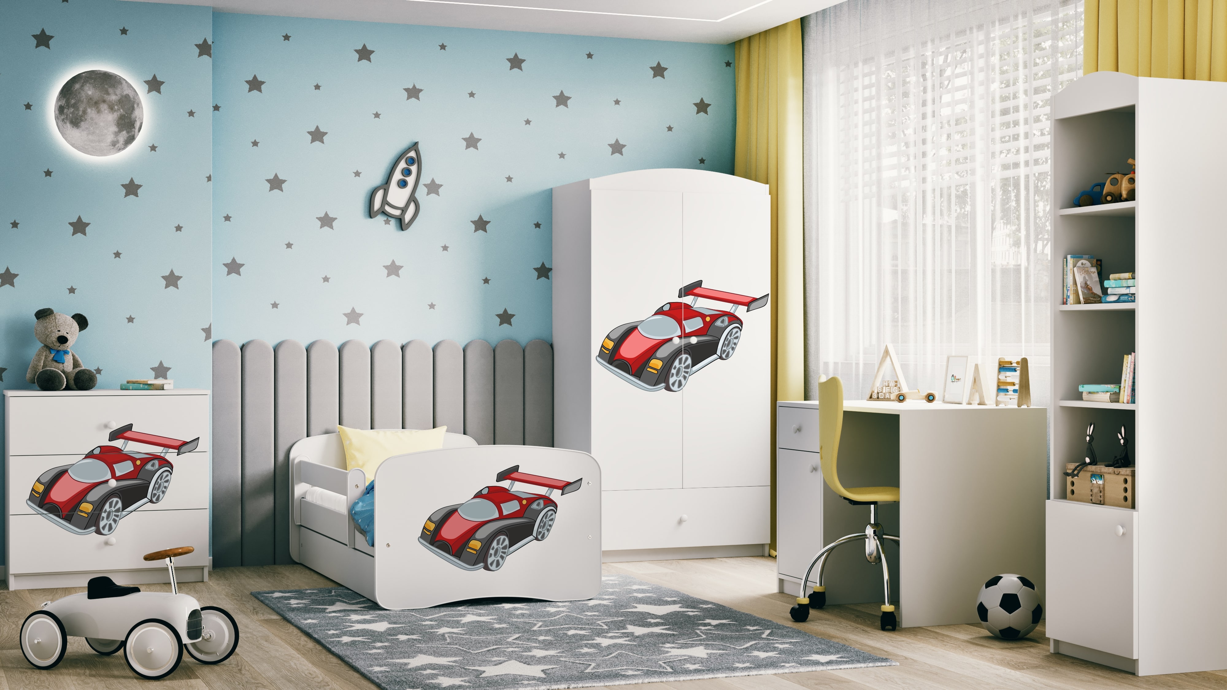 Lit enfant blanc, motif voiture de course