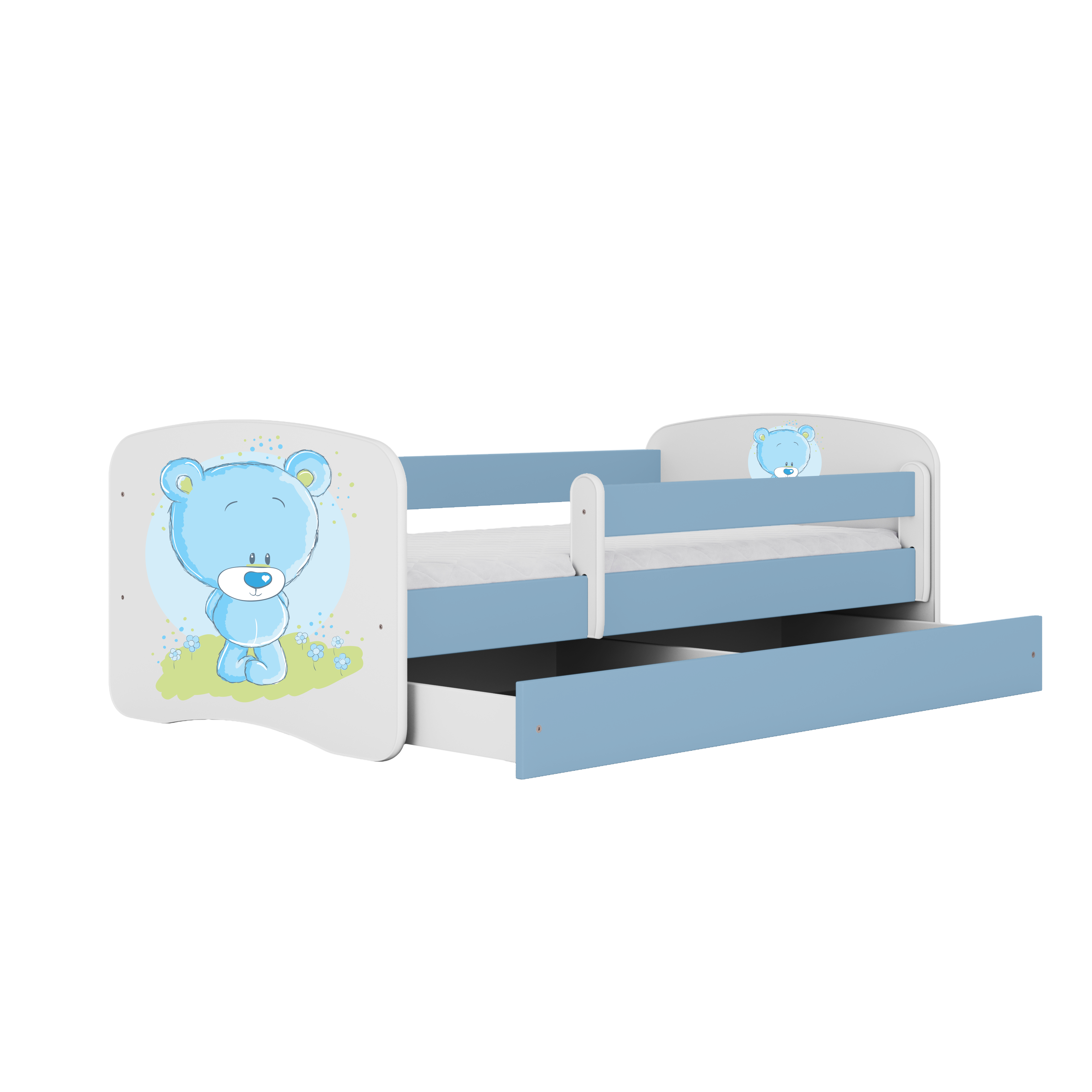 Lit enfant bleu, motif ourson bleu et fleurs