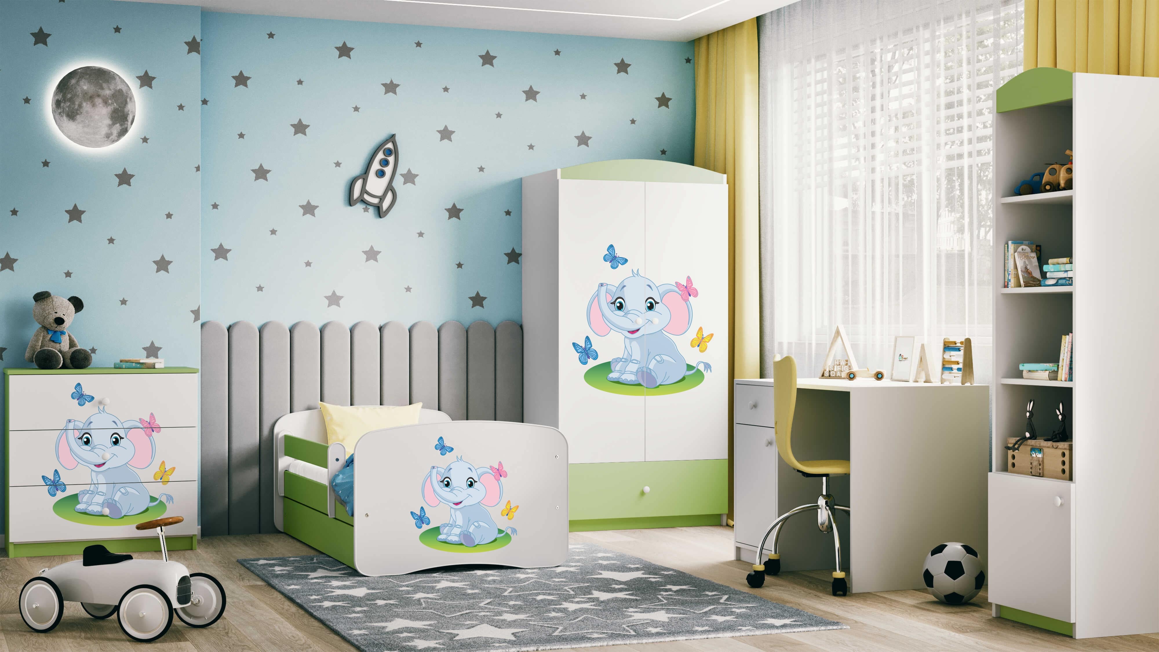 Lit enfant vert, motif éléphant