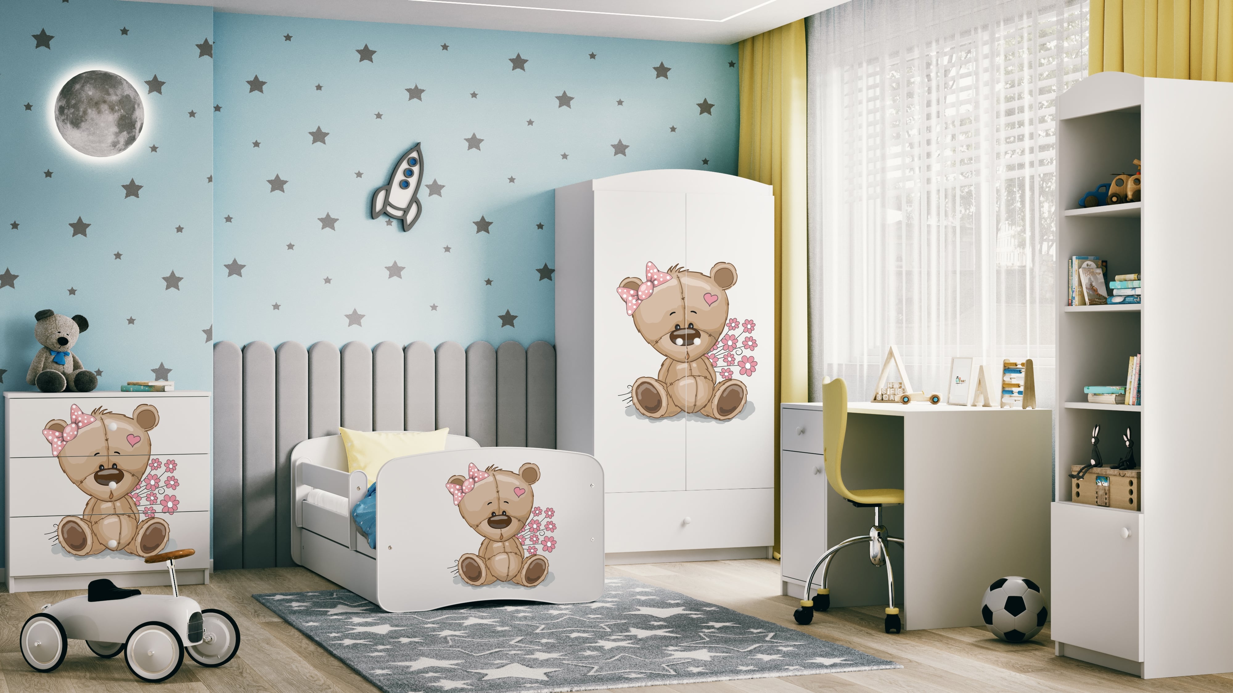 Lit enfant blanc, motif ourson et fleurs