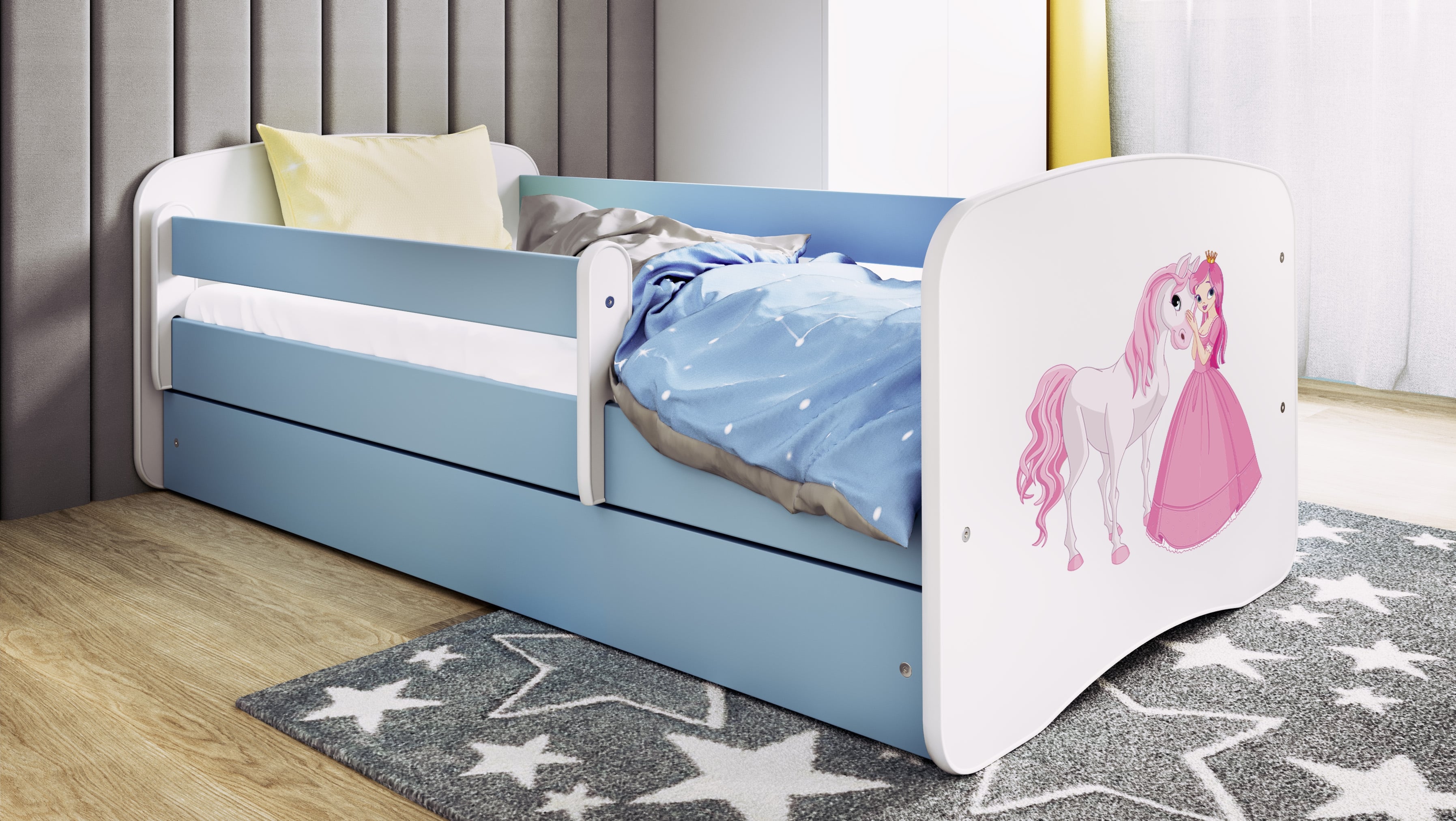 Lit enfant bleu, motif princesse et cheval