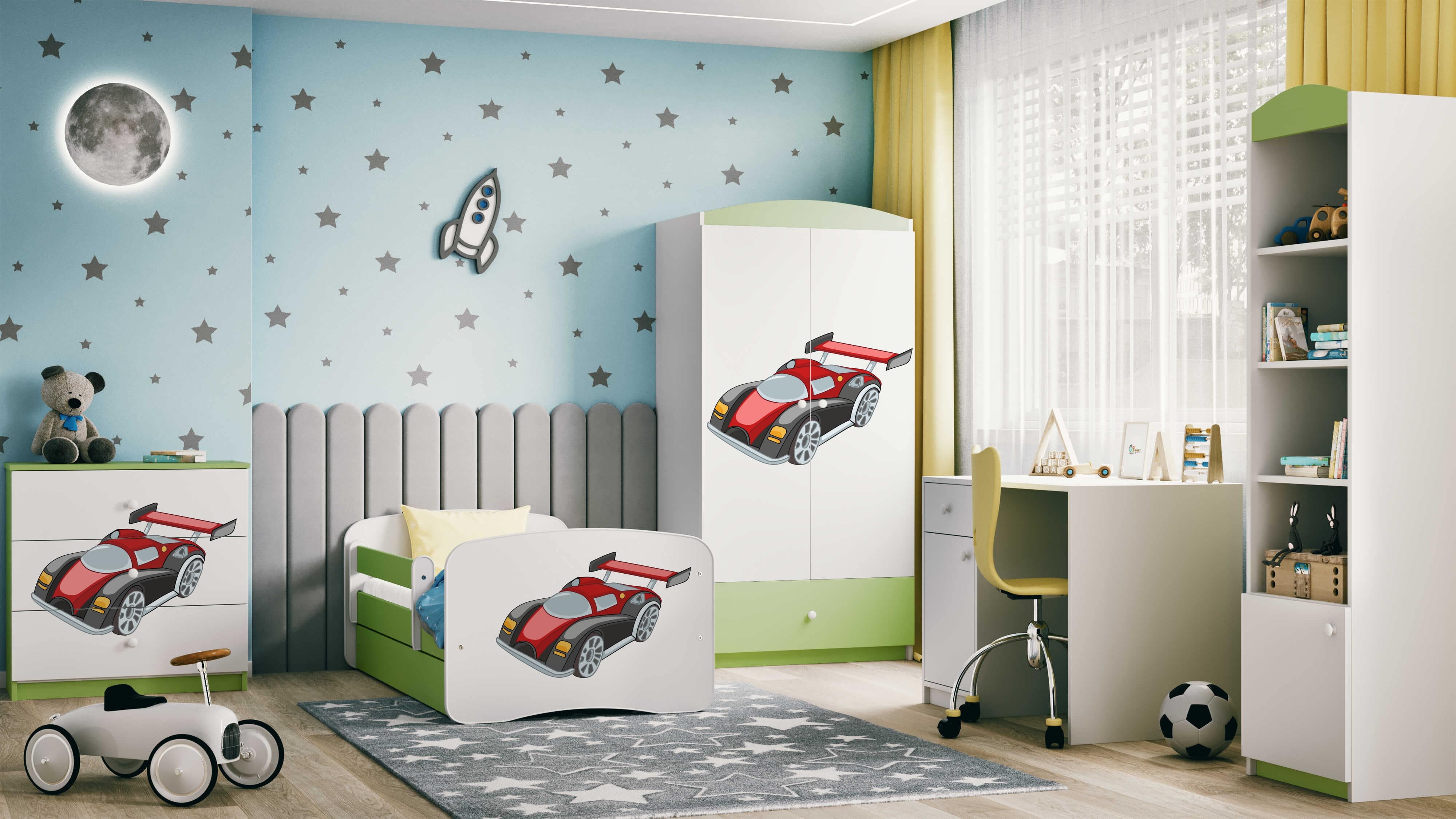 Lit enfant vert, motif voiture de course