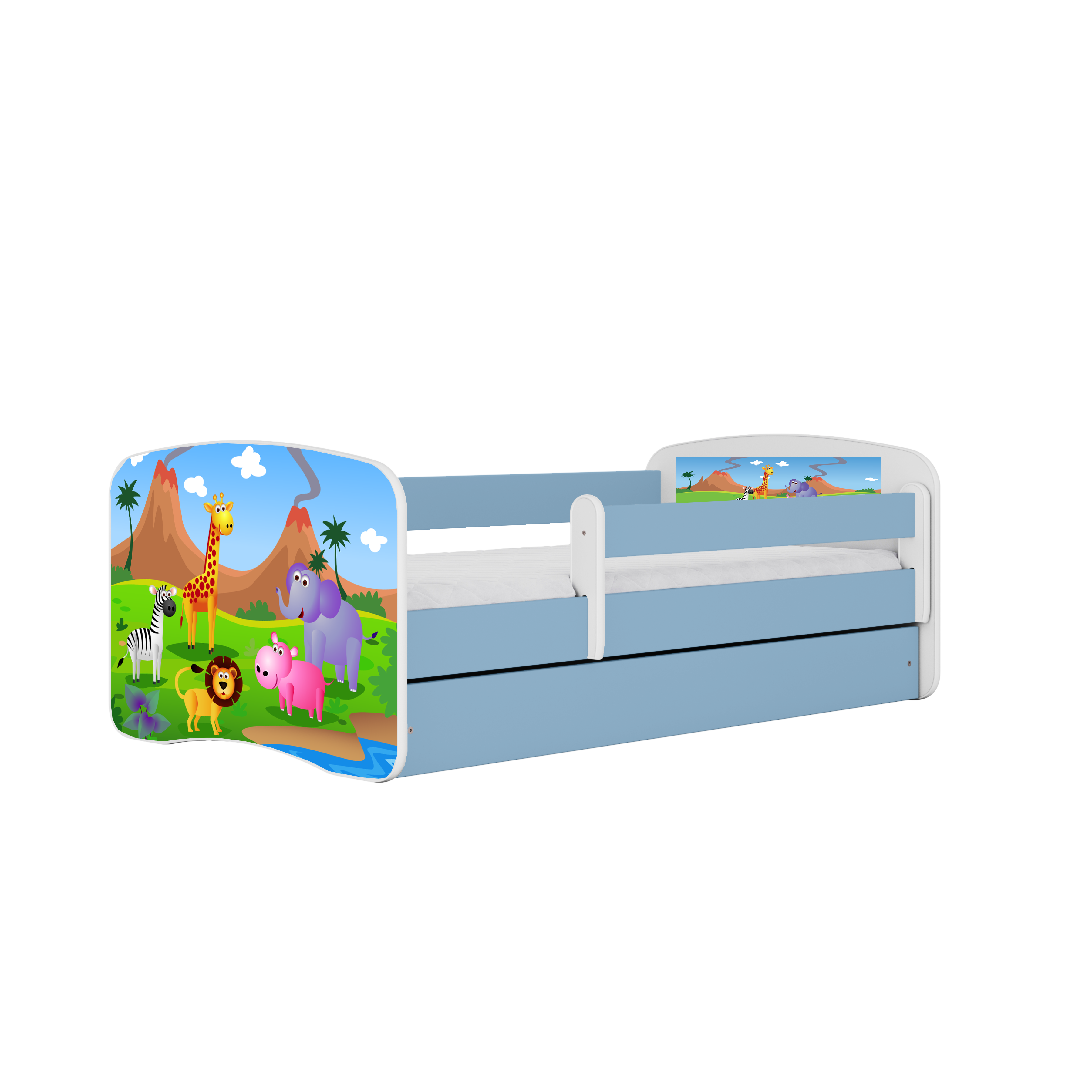 Lit enfant bleu, motif safari