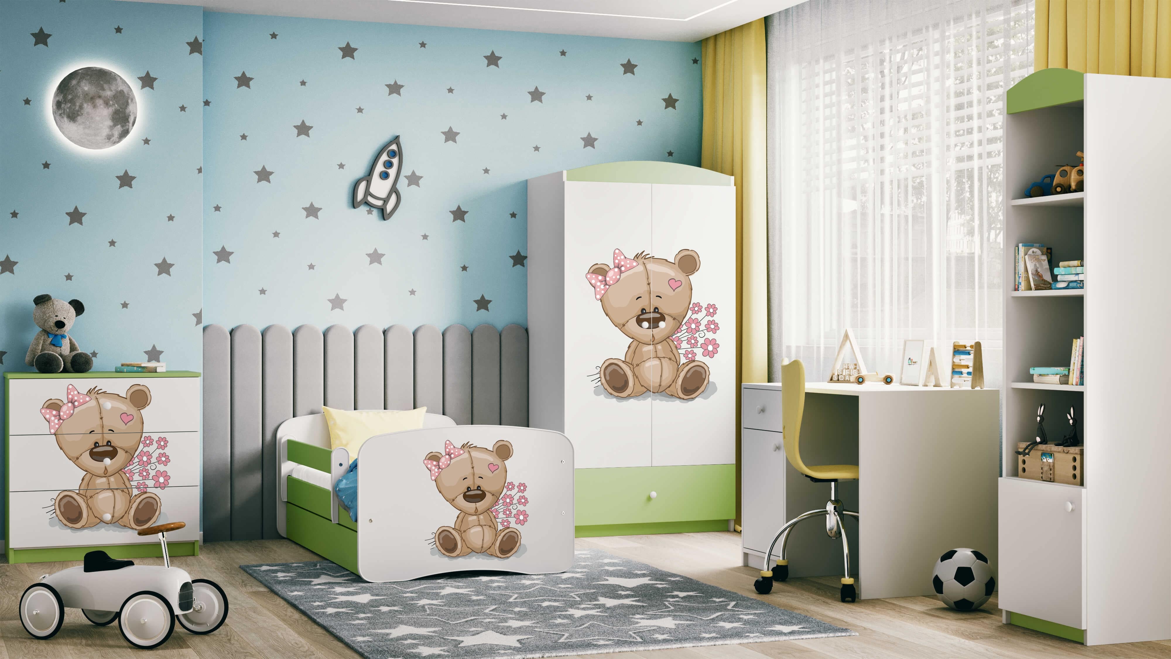 Lit enfant vert, motif ourson et fleurs