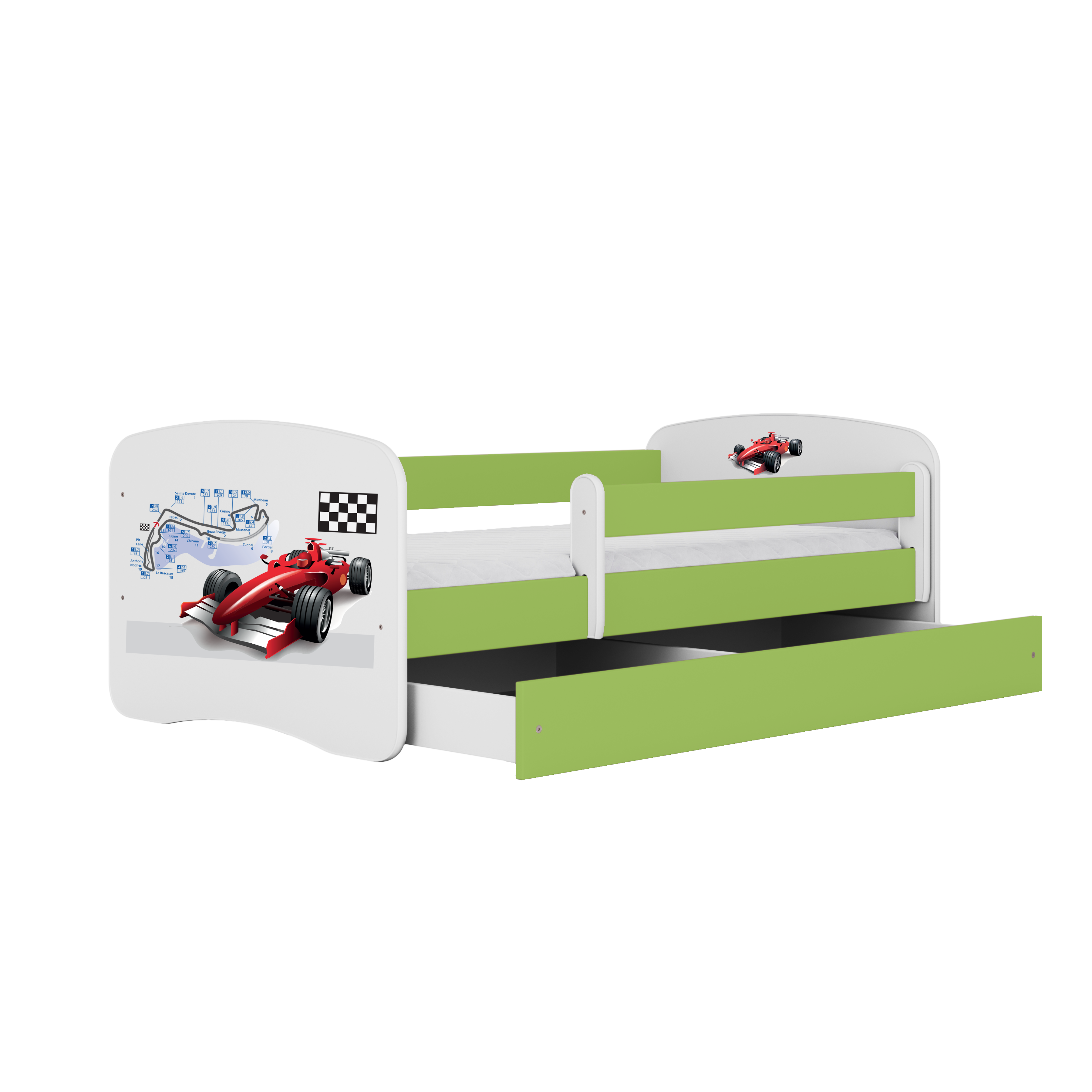 Lit enfant vert, motif Formule 1