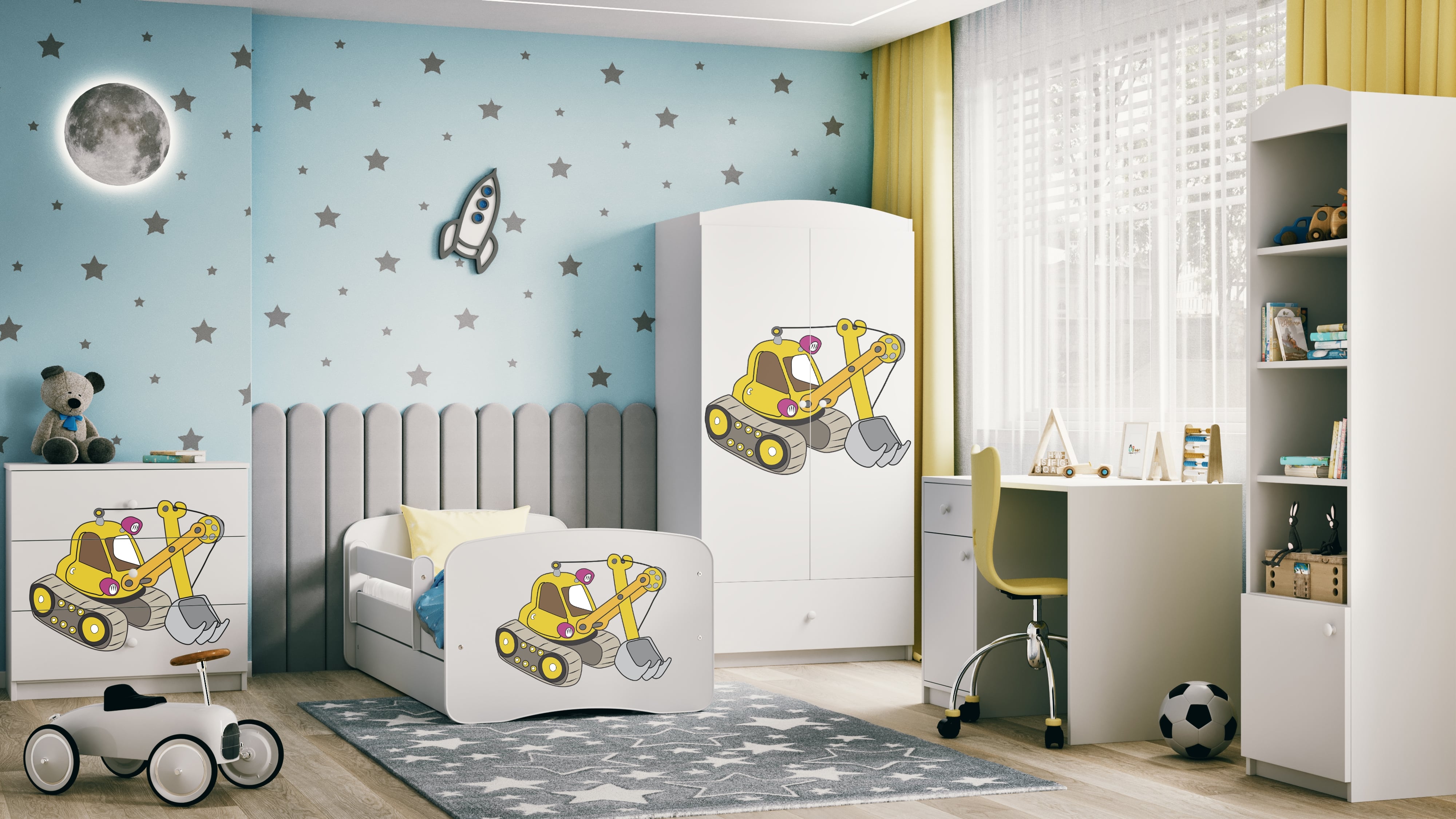 Lit enfant blanc, motif pelleteuse