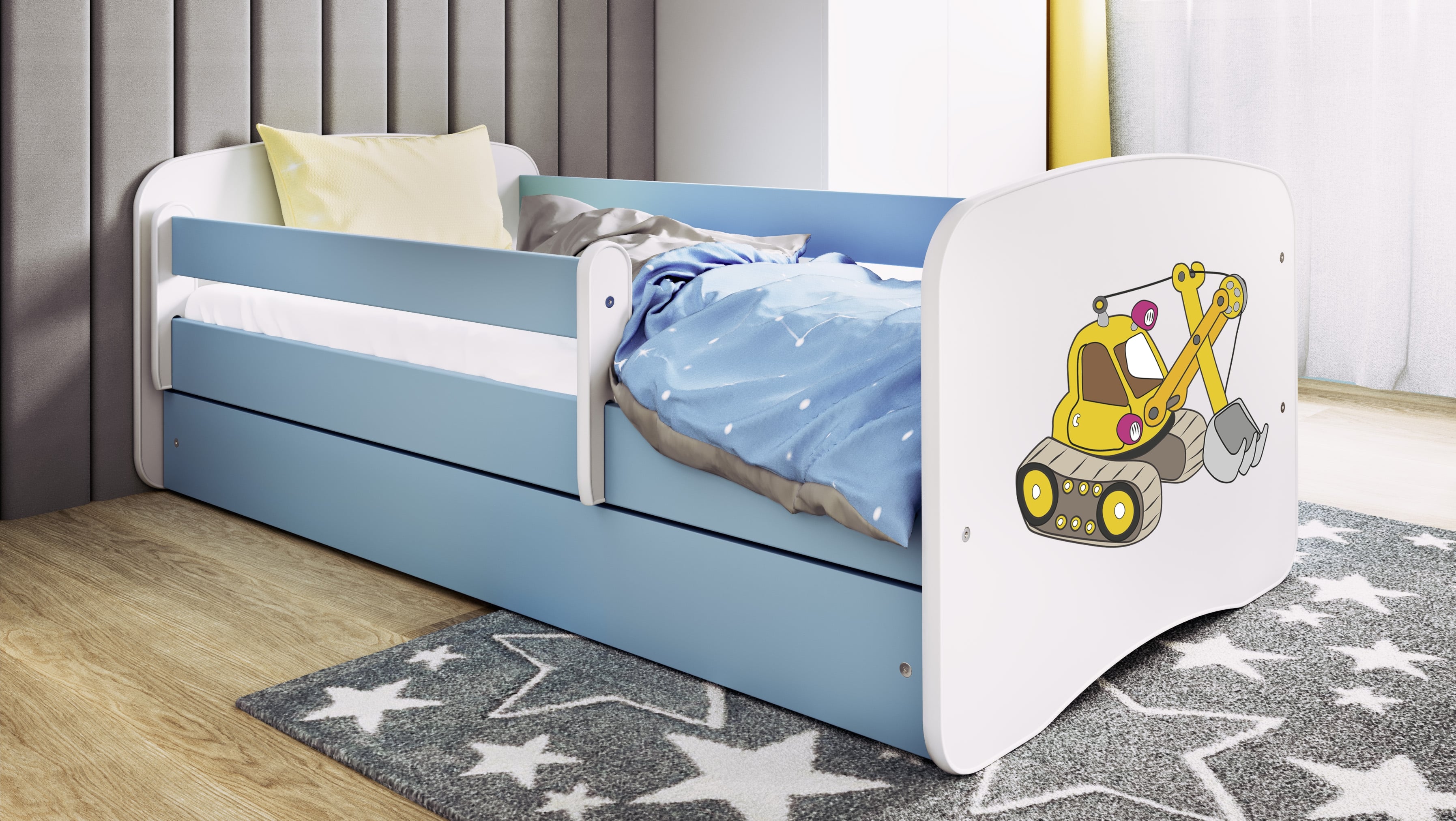 Lit enfant bleu, motif pelleteuse