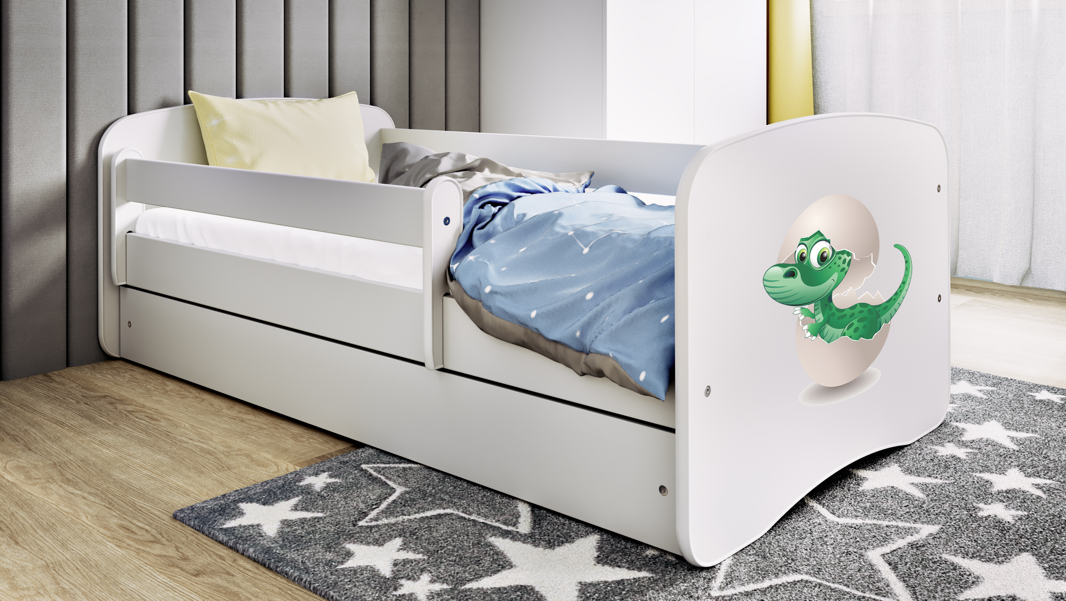 Lit enfant blanc, motif petit dinosaure