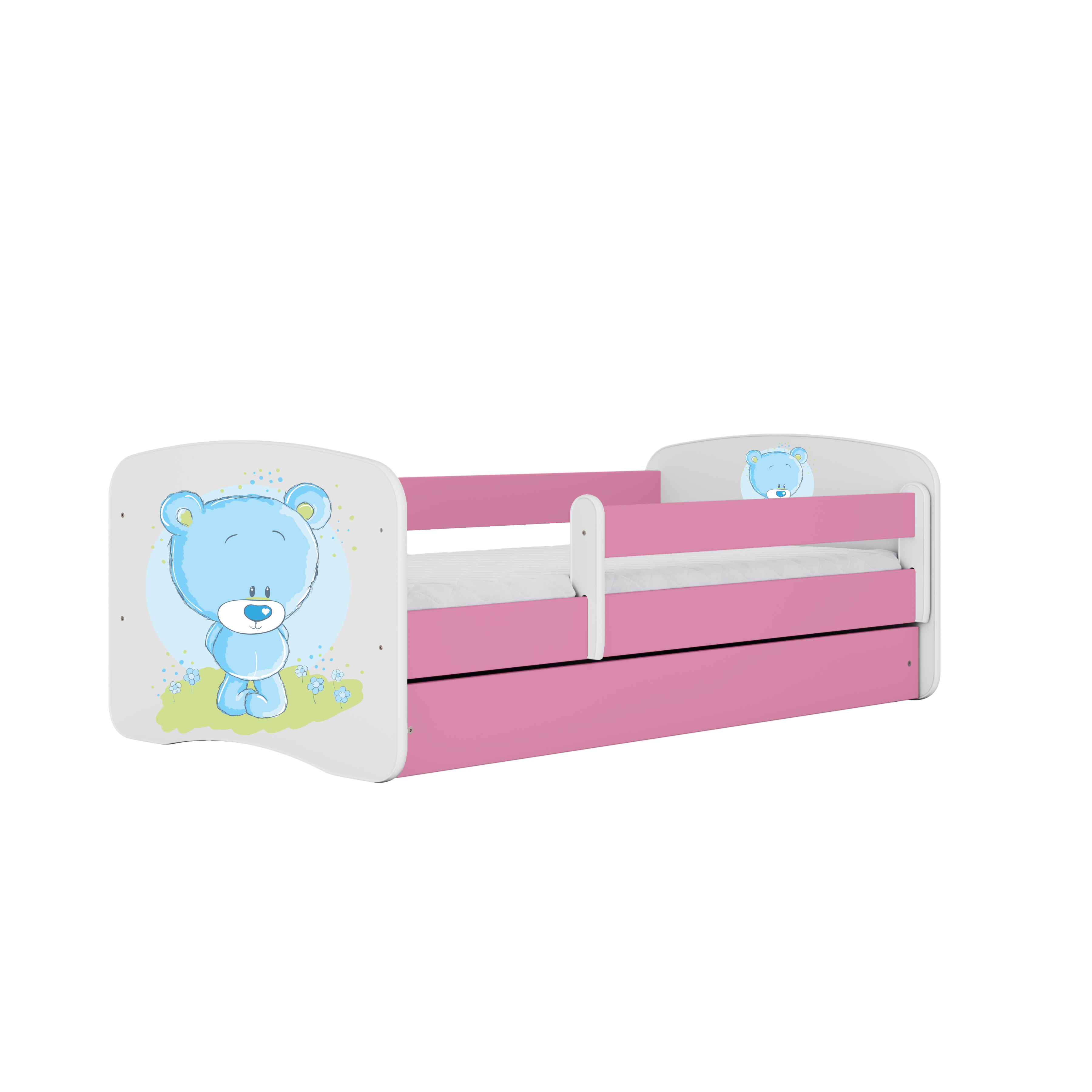 Lit enfant rose, motif ourson bleu et fleurs