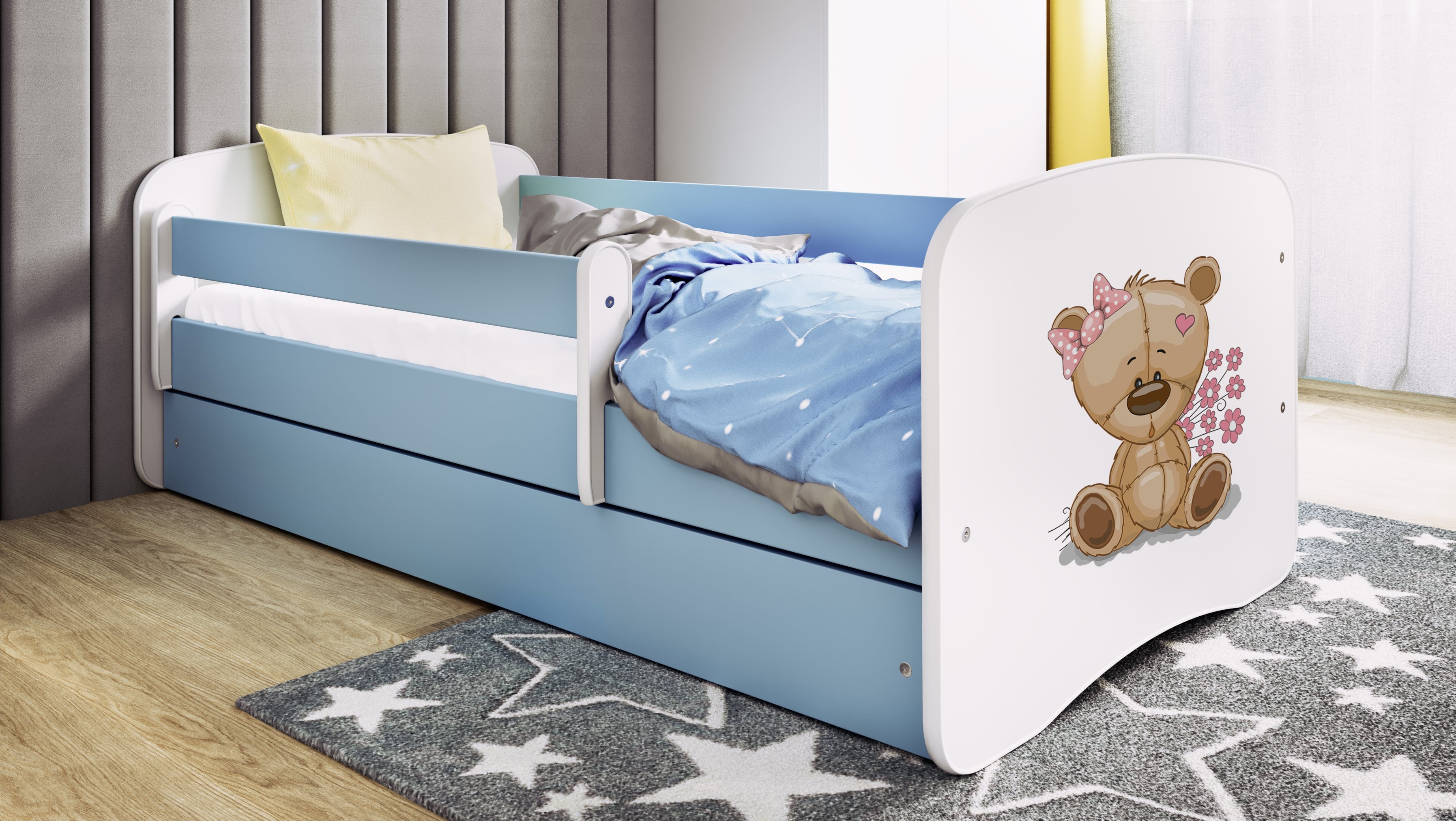 Lit enfant bleu, motif ourson et fleurs