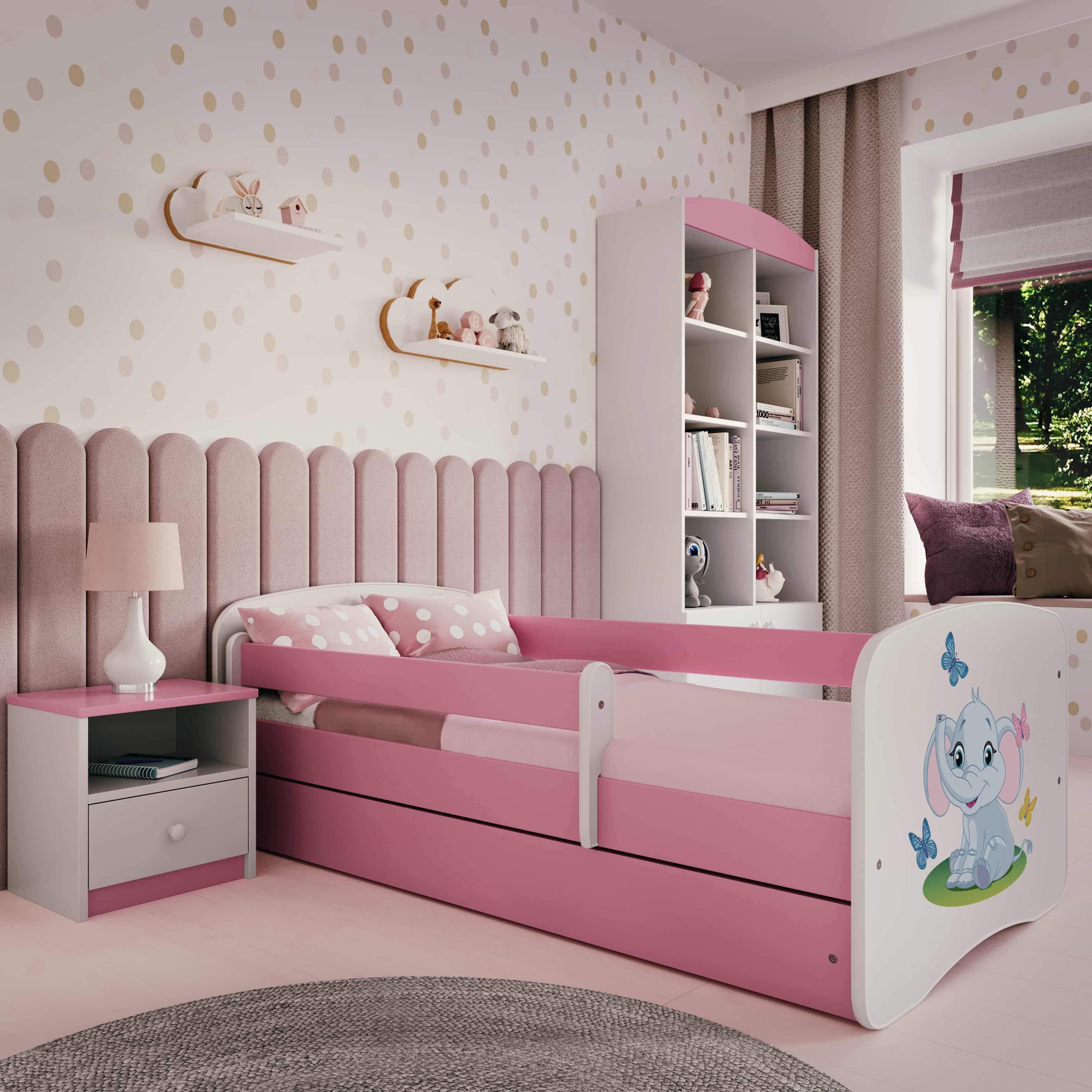 Lit enfant rose, motif éléphant