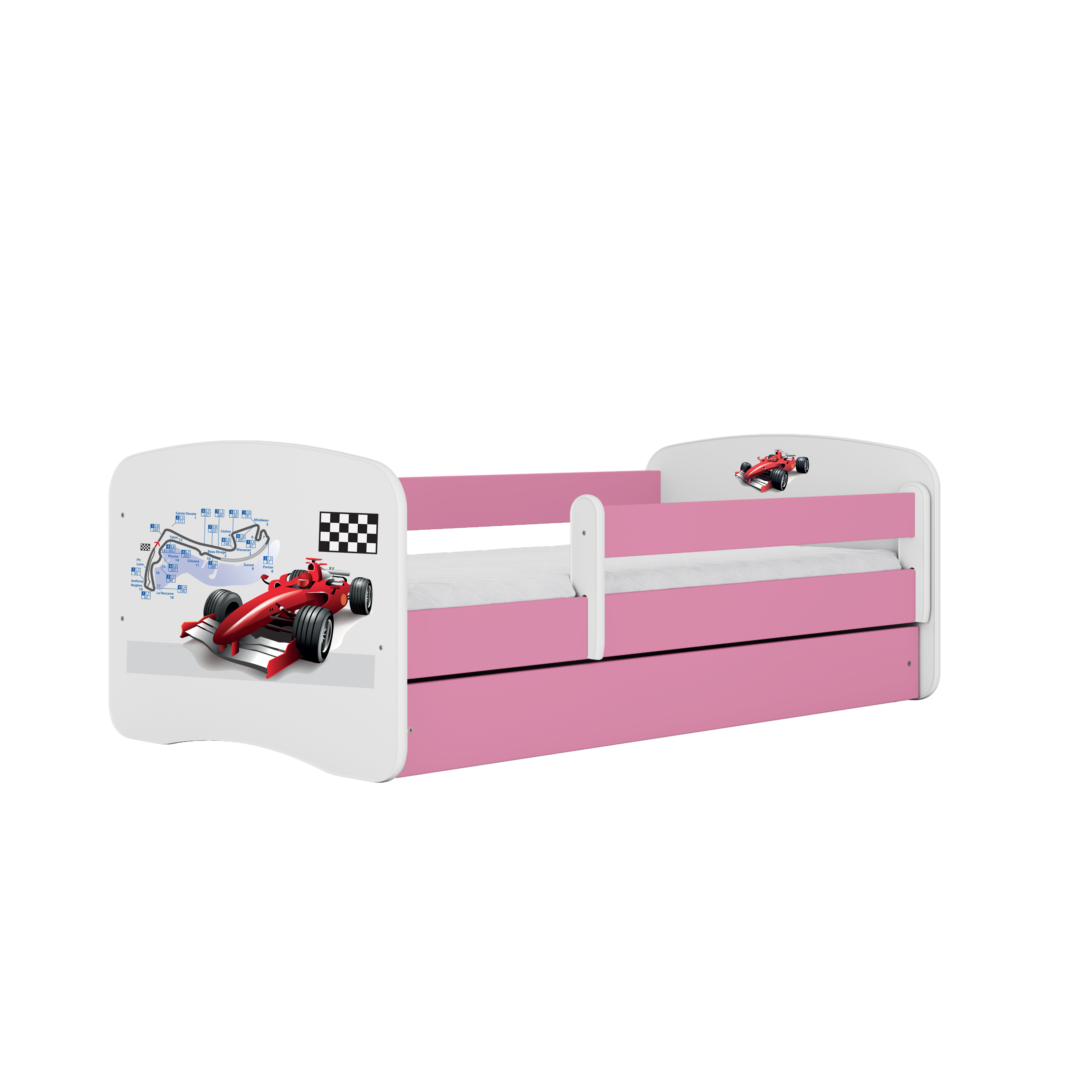 Lit enfant rose, motif Formule 1
