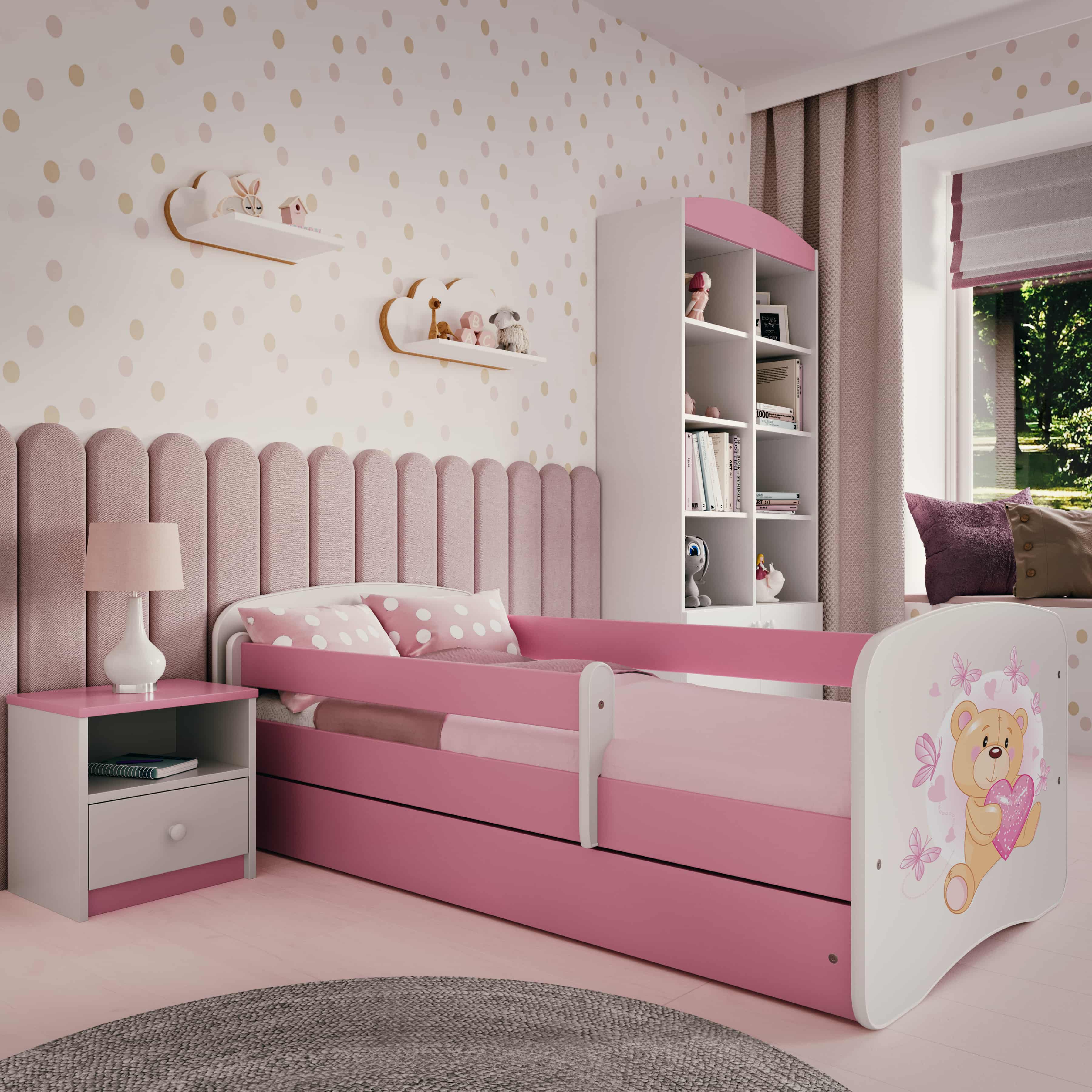 Lit enfant rose, motif ourson et papillons