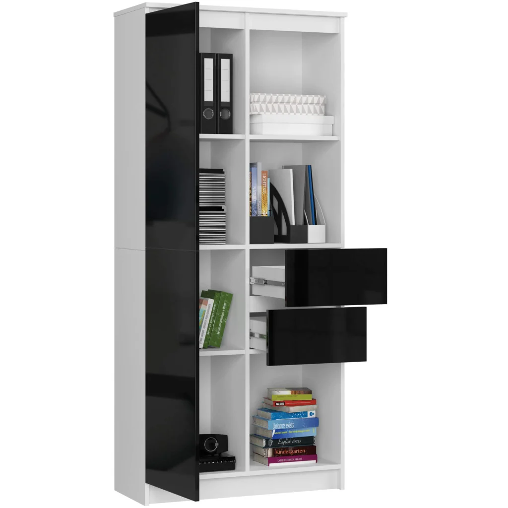 Raumhirsch Bibliothèque 180x80x35 cm Avec tiroir Avec rangement blanc / schwarz glanz – détail 2