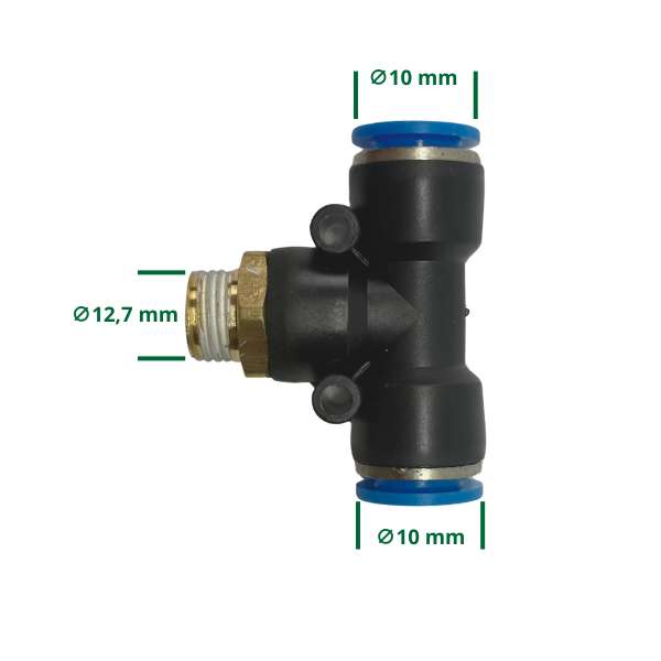 Pieza en T neumática con rosca de 12,7 mm y conexiones de 10 mm