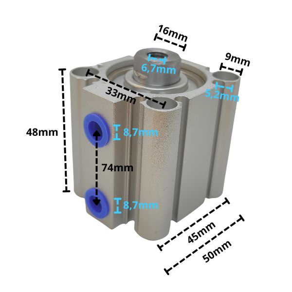 Cilindro pneumatico per lo sblocco di fermi di sicurezza - vista con dimensioni indicate