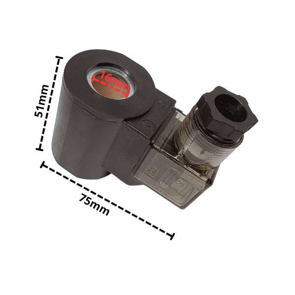 Bobina solenoide CC da 16 mm / 24 V – dimensioni: 75 mm di lunghezza, 51 mm di altezza, foro da 16 mm