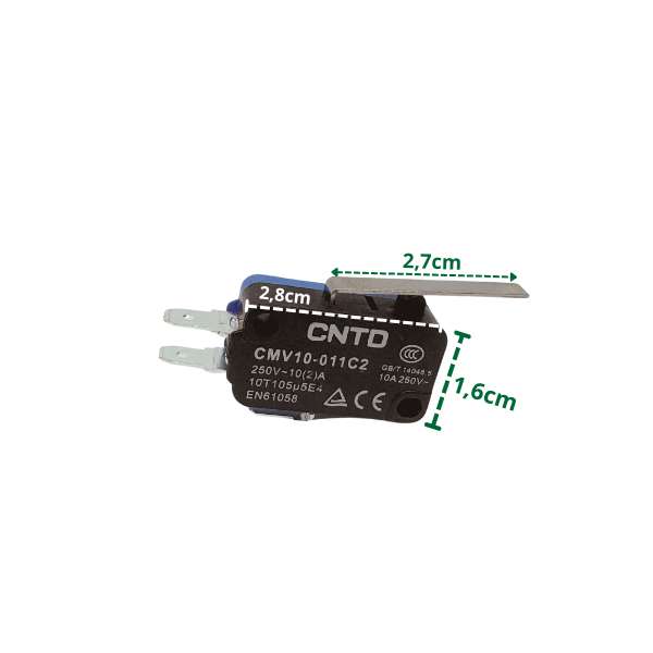 Microinterruttore CMV10 – Vista prodotto (Lunghezza corpo: 2,8 cm, Altezza corpo: 1,6 cm, Lunghezza leva: 2,7 cm)