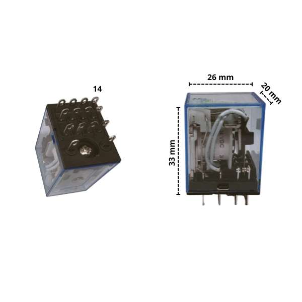 Relais auxiliaire 24 V CC – dimensions : hauteur 33 mm, largeur 26 mm, profondeur 20 mm