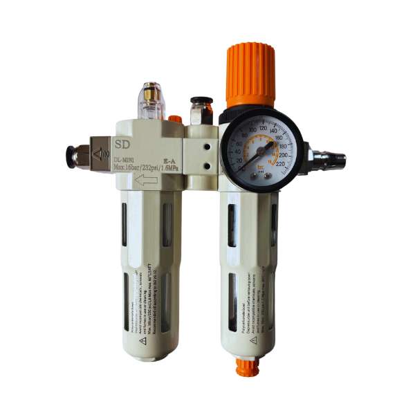 Unità di servizio aria compressa Twin Busch - Vista laterale, dimensioni dei componenti