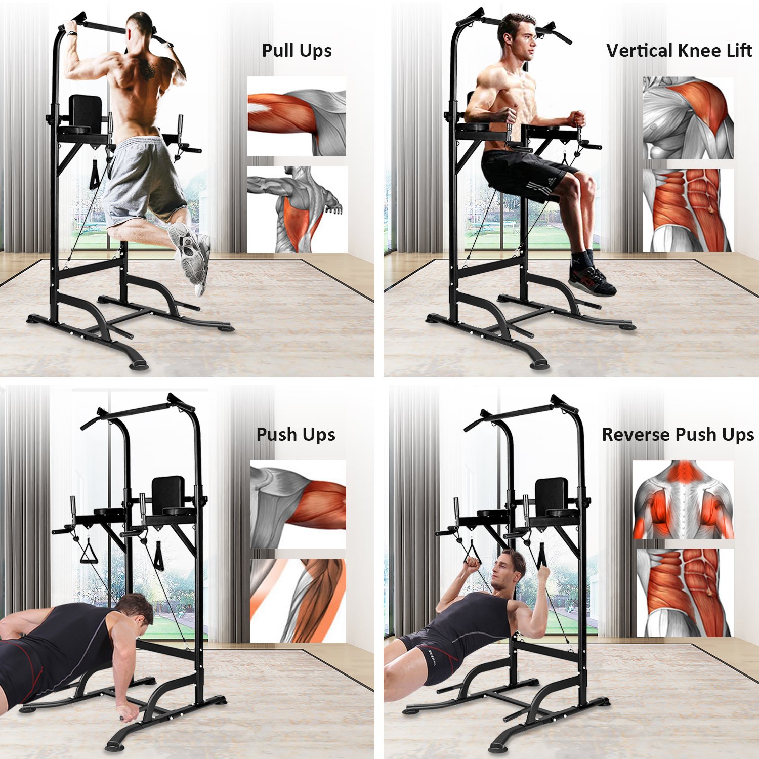Power Tower with Cushion Home Gym Adjustable Height Pull-Up Station Dip  Station Work Out Equipment 
