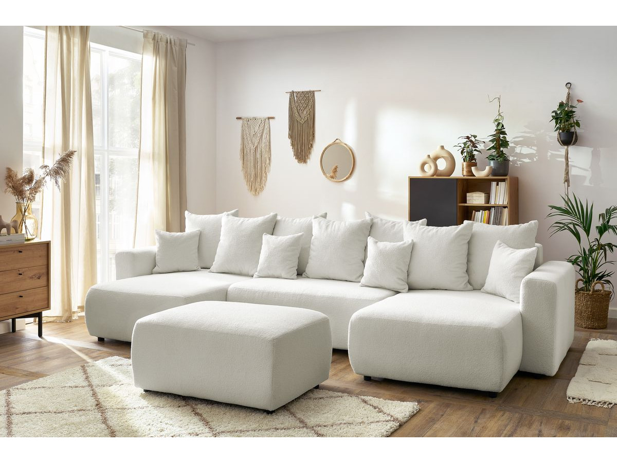 Canapé panoramique convertible coffre ENVY tissu bouclette avec pouf rectangulaire