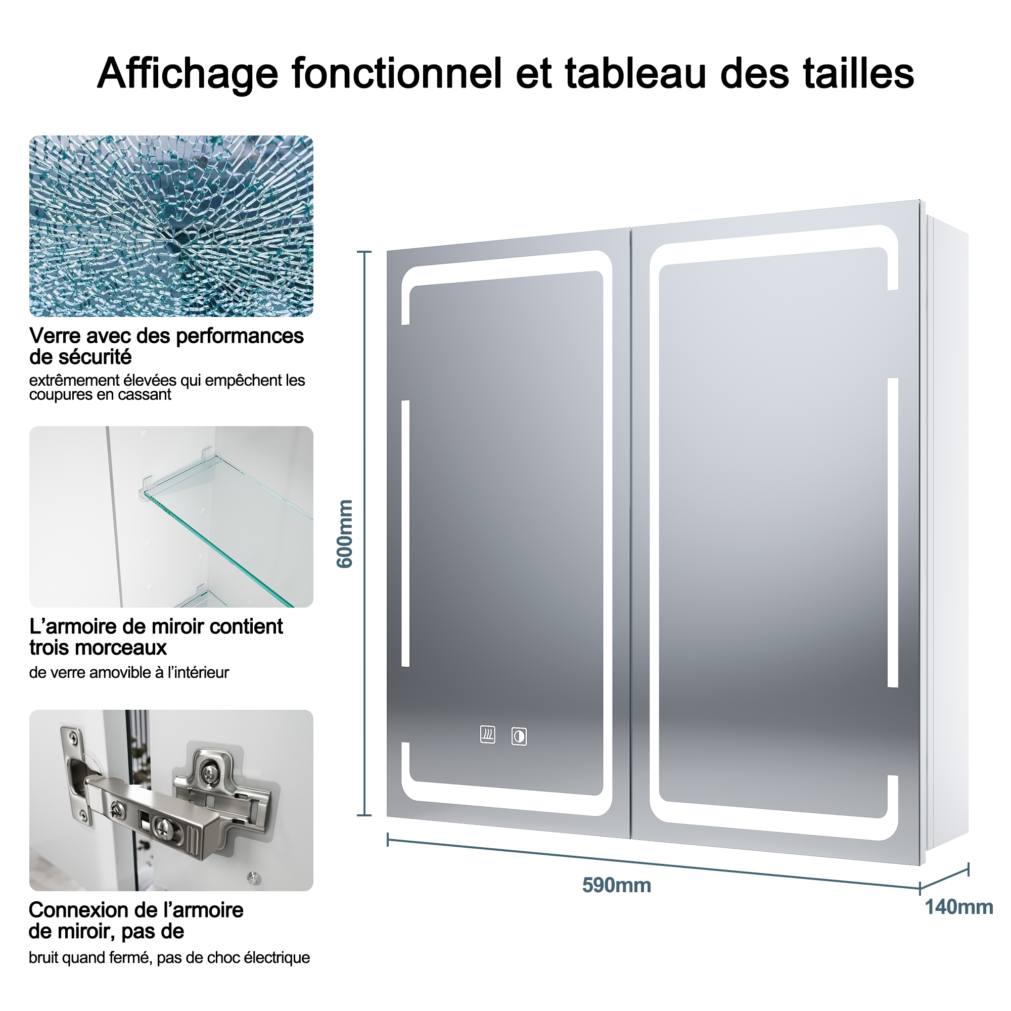 SIRHONA Armoire de rangement à miroir LED pour salle de bain avec prise