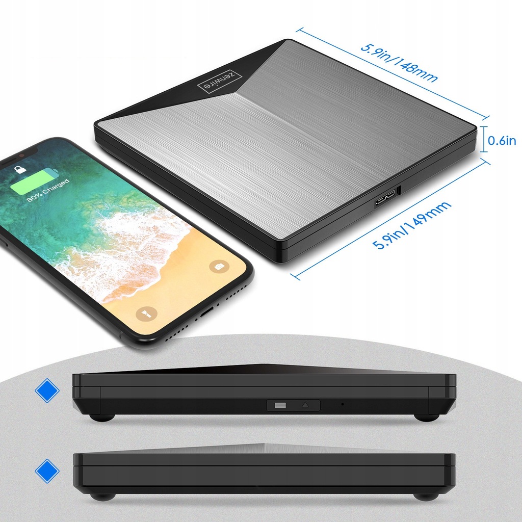 Unidad externa portátil DVD CD RW REPRODUCTOR 2 en 1 USB 3.0 y USB-C 3.1 para portátil y ordenador GRABADORA DE ALUMINIO - Foto n.º 4