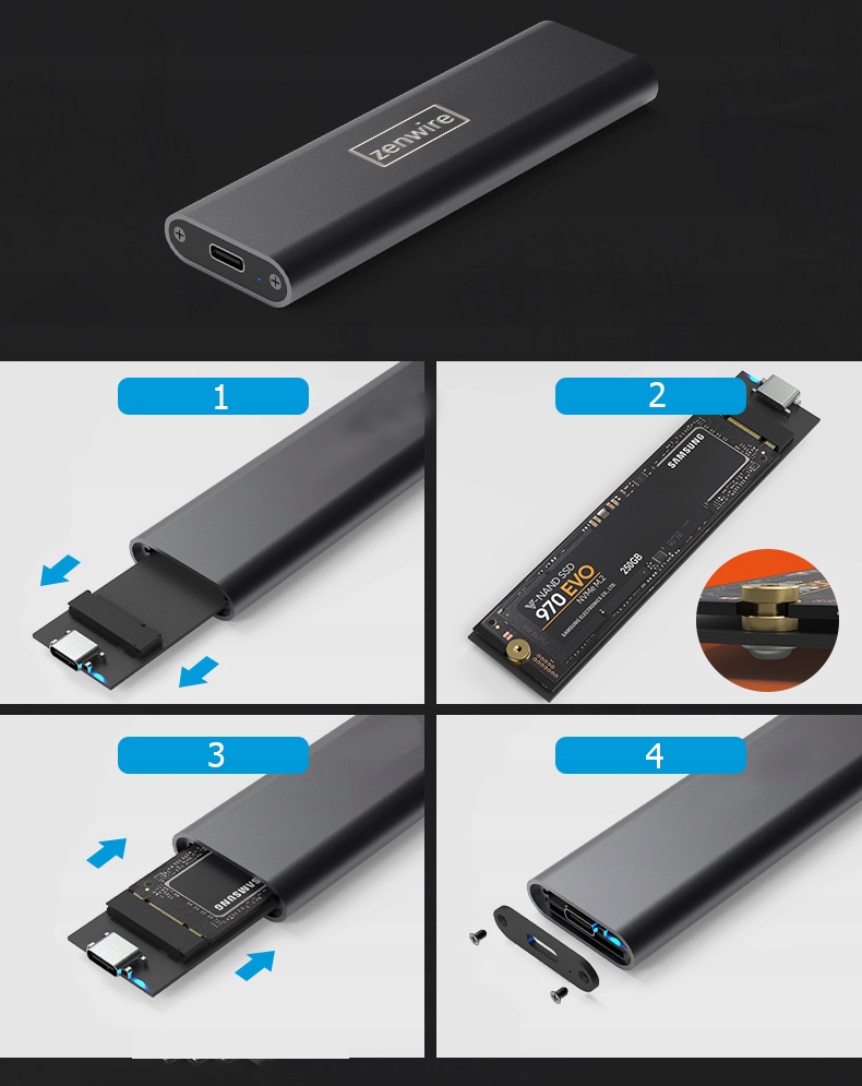 Adapter SSD-Einschub m.2 USB-C Gehäuse m.2 SATA Zenwire - Foto Nr. 6