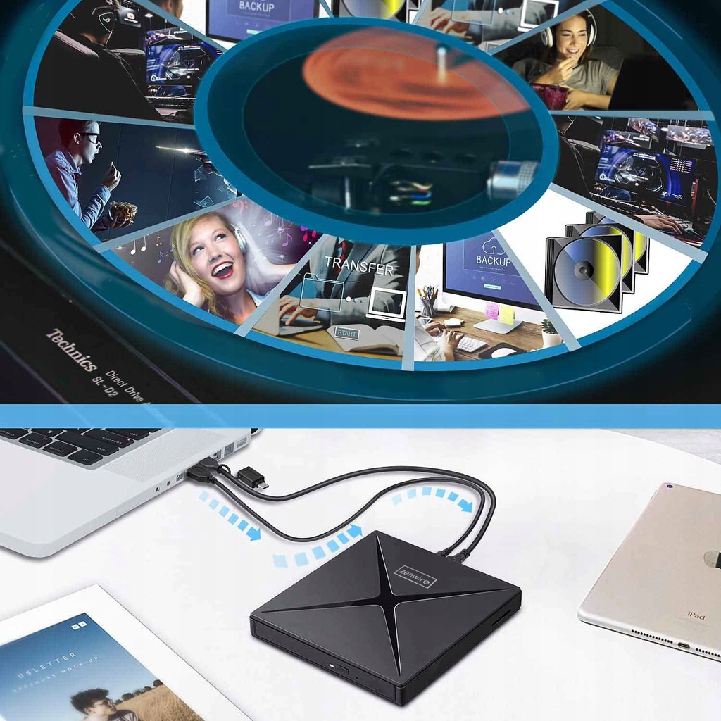 Tragbarer externer DVD-CD-RW-Hub USB-C USB-Laufwerk 3.0 Zenwire 4in1 SD-Kartenleser - Foto Nr. 2