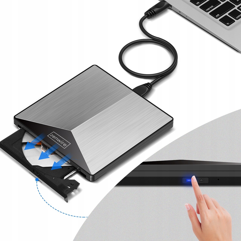 Unidad externa portátil DVD CD RW REPRODUCTOR 2 en 1 USB 3.0 y USB-C 3.1 para portátil y ordenador GRABADORA DE ALUMINIO - Foto n.º 2