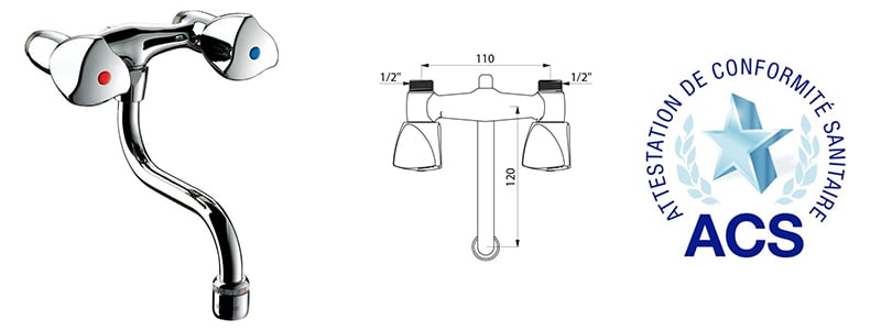 Delabie - Mélangeur d'évier MM1/2 entraxe 110 mm L.120 laiton chromé