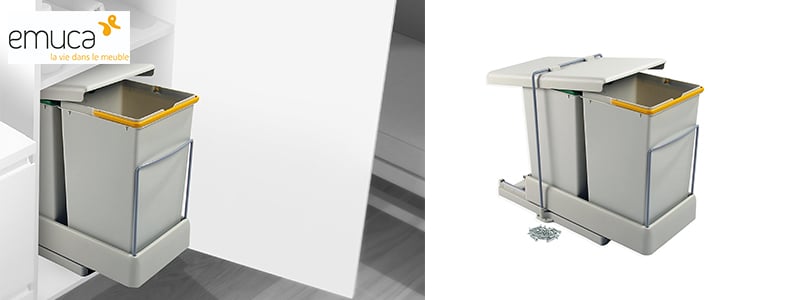 Emuca - Poubelle de recyclage, fixation inférieure, extraction et couvercle automatique, 2 conteneurs de 14 litres