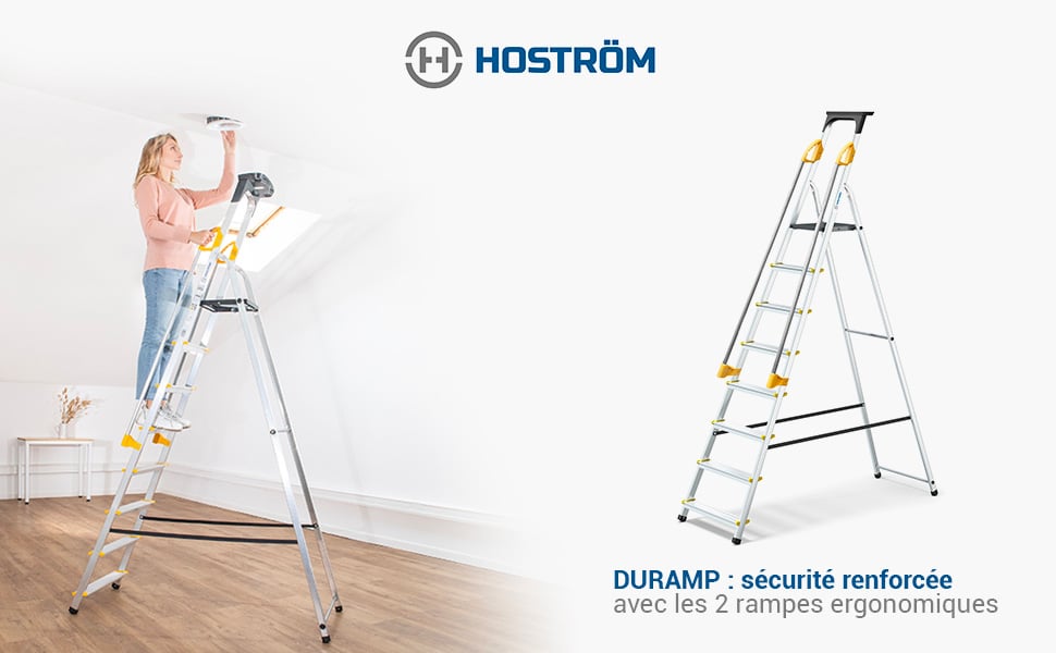 Escabeau 8 marches DURAMP avec rampes de sécurité et tablette porte-outils, léger et pliable, hauteur de plateforme 162 cm, garantie 5 ans, charge maximale 150kg, Hostrom