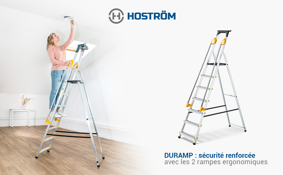 Escabeau 7 marches DURAMP avec rampes de sécurité et tablette porte-outils, léger et pliable, hauteur de plateforme 140 cm, garantie 5 ans, charge maximale 150kg, Hostrom
