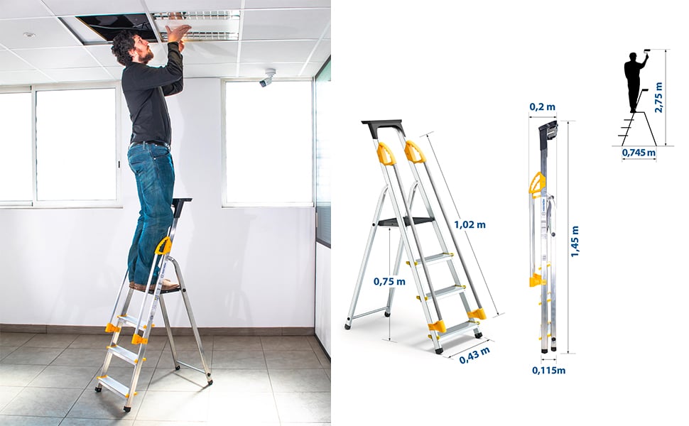 Escabeau 4 marches DURAMP avec rampes de sécurité et tablette porte-outils, léger et pliable, hauteur de plateforme 75cm, garantie 5 ans, charge maximale 150kg, Hostrom