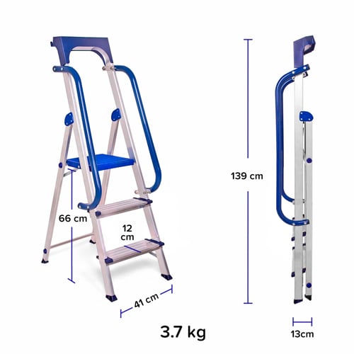 Scala Secure 3 gradini robusta, alluminio rinforzato, corrimano, vaschetta  portautensili rimovibile, altezza piattaforma 66 cm, portata