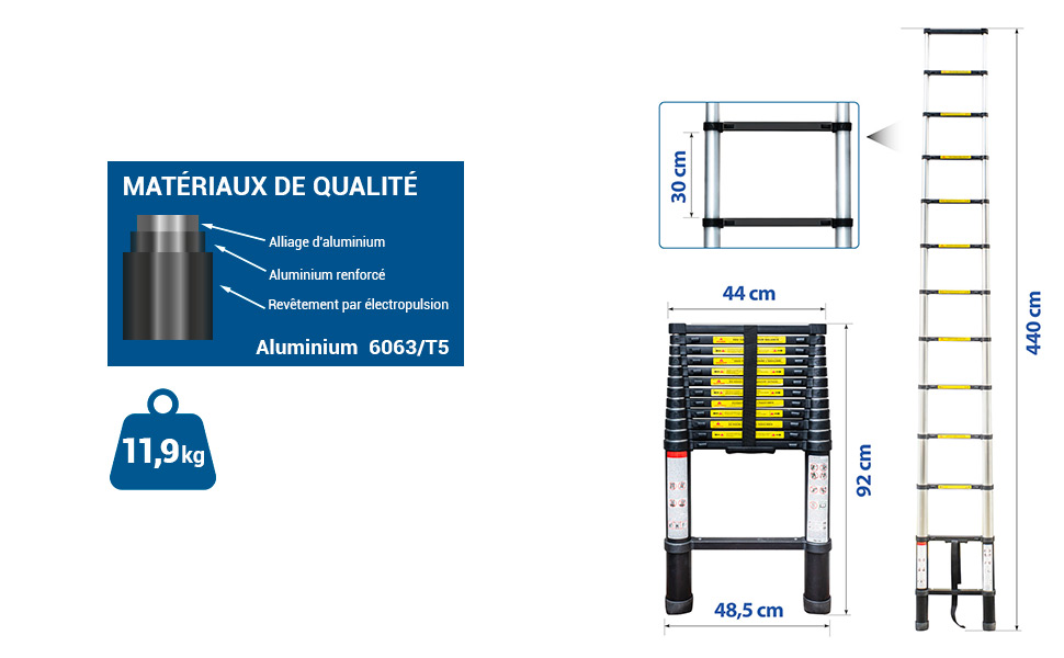 Echelle telescopique 4,4m TELESCOO15, Aluminium, Pliable, Extensible ...