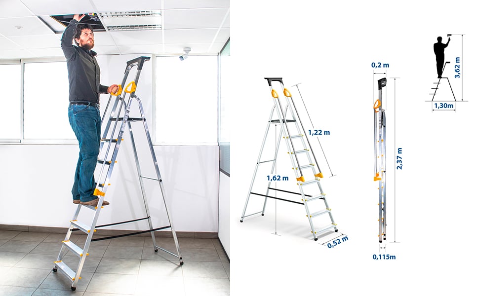 Escabeau 8 marches DURAMP avec rampes de sécurité et tablette porte-outils, léger et pliable, hauteur de plateforme 162 cm, garantie 5 ans, charge maximale 150kg, Hostrom
