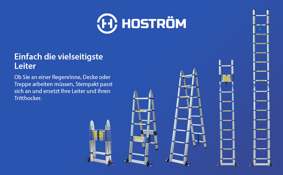 Teleskopische, gelenkige Aluminiumleiter 5 m (2,5 + 2,5) Stempakt Hostrom, leicht, kompakt und faltbar, maximale Arbeitshöhe 5,9m, maximale Belastung 150 kg, 5 Jahre Garantie