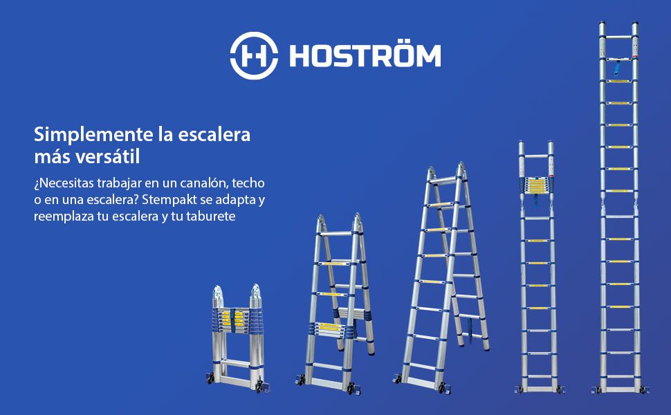 Escalera telescópica articulada de aluminio 5 m (2,5 + 2,5) Stempakt Hostrom, ligera, compacta y plegable, altura de trabajo máxima 5,9m, carga máxima 150 kg, garantía de 5 años.