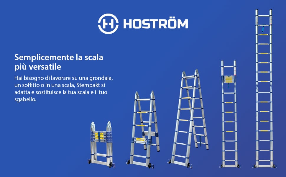 Scala telescopica articolata in alluminio 5 m (2,5 + 2,5) Stempakt Hostrom, leggera, compatta e pieghevole, altezza di lavoro massima 5,9m, carico massimo 150 kg, garanzia di 5 anni