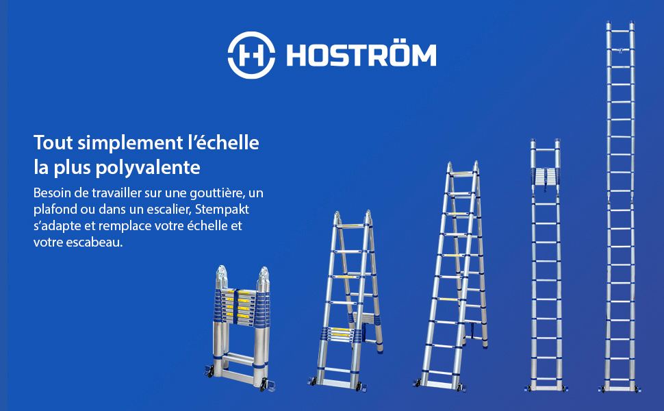 Échelle télescopique articulée aluminium 6,2m (3,1 + 3,1) Stempakt Hostrom, légère, compacte et pliable, hauteur de travail max 7,1m, charge max 150 kg, garantie 5 ans
