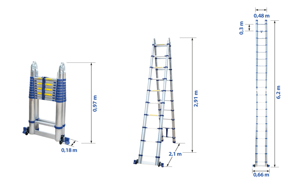 Échelle télescopique articulée aluminium 6,2m (3,1 + 3,1) Stempakt Hostrom, légère, compacte et pliable, hauteur de travail max 7,1m, charge max 150 kg, garantie 5 ans