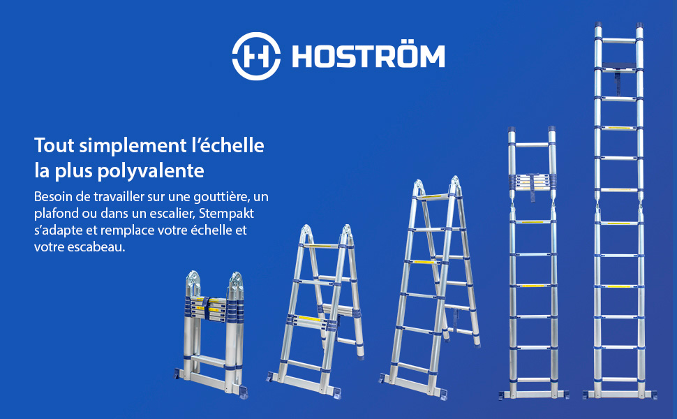 Échelle télescopique articulée aluminium 3,8 m (1,9 + 1,6) Stempakt Hostrom, légère, compacte et pliable, hauteur de travail max 4,7m, charge max 150 kg, garantie 5 ans