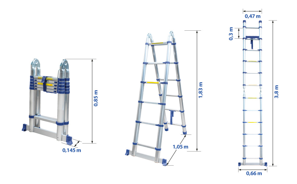 Échelle télescopique articulée aluminium 3,8 m (1,9 + 1,6) Stempakt Hostrom, légère, compacte et pliable, hauteur de travail max 4,7m, charge max 150 kg, garantie 5 ans